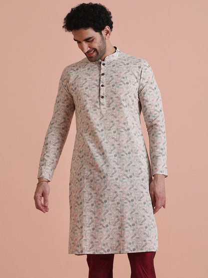 Beige Printed Cotton Kurta with Multicolor Kantha-Inspired Motifs for Festive Wear