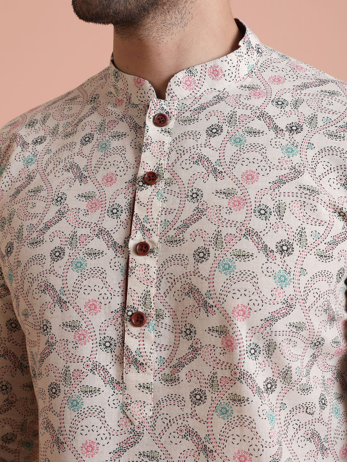 Beige Printed Cotton Kurta with Multicolor Kantha-Inspired Motifs for Festive Wear