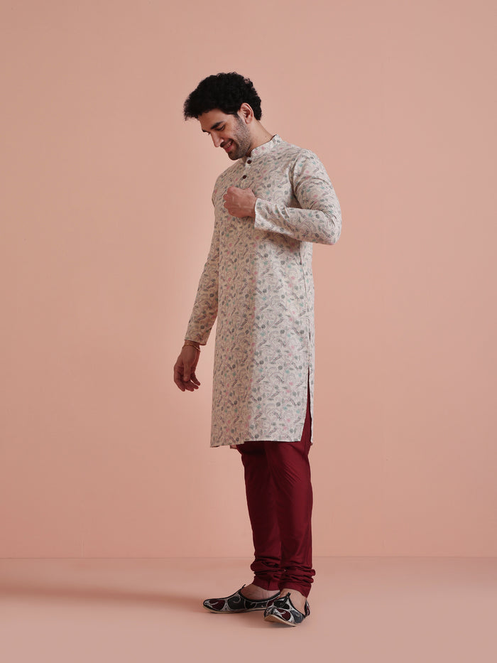 Beige Printed Cotton Kurta with Multicolor Kantha-Inspired Motifs for Festive Wear
