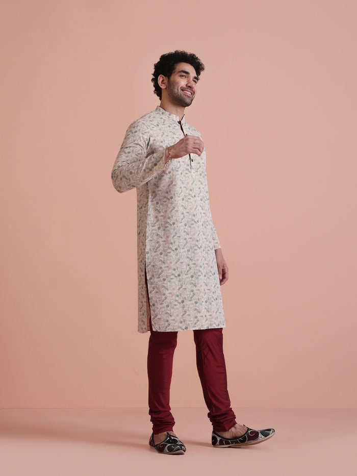 Beige Printed Cotton Kurta with Multicolor Kantha-Inspired Motifs for Festive Wear