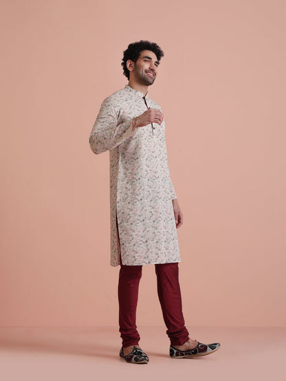 Beige Printed Cotton Kurta with Multicolor Kantha-Inspired Motifs for Festive Wear
