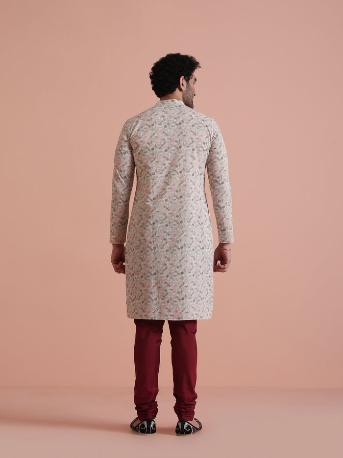 Beige Printed Cotton Kurta with Multicolor Kantha-Inspired Motifs for Festive Wear