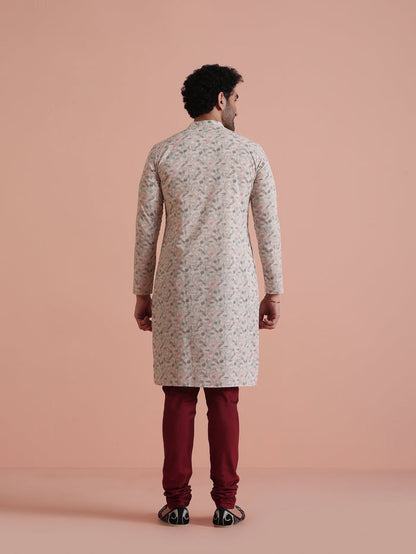 Beige Printed Cotton Kurta with Multicolor Kantha-Inspired Motifs for Festive Wear