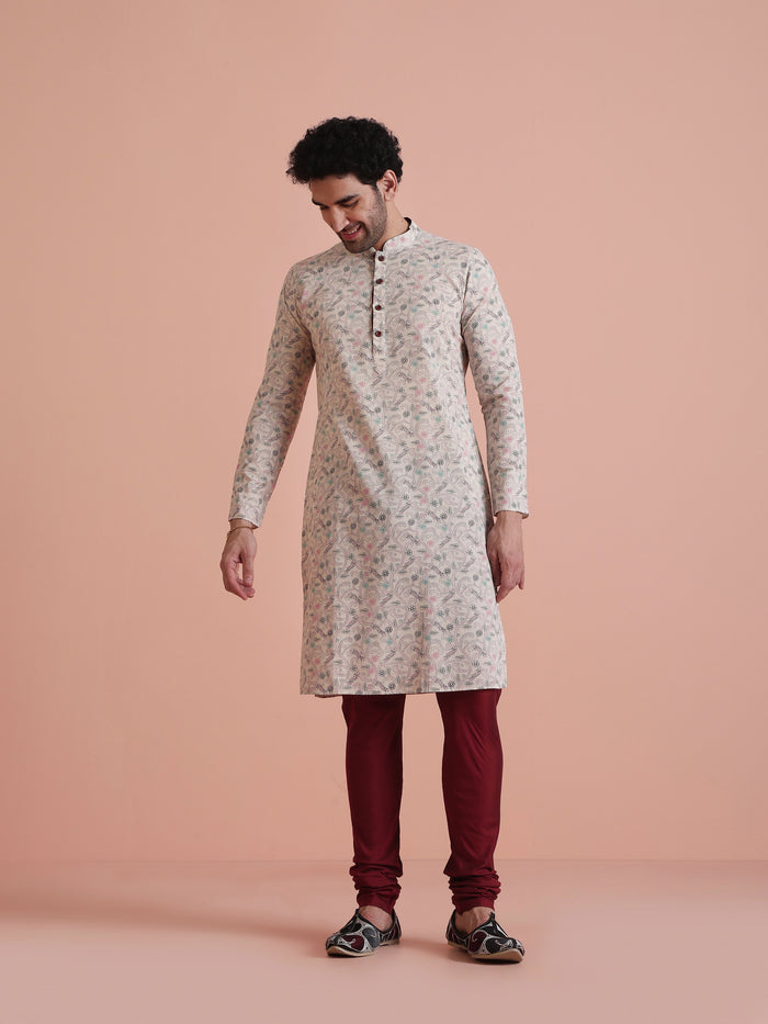 Beige Printed Cotton Kurta with Multicolor Kantha-Inspired Motifs for Festive Wear
