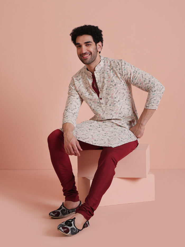 Beige Printed Cotton Kurta with Multicolor Kantha-Inspired Motifs for Festive Wear