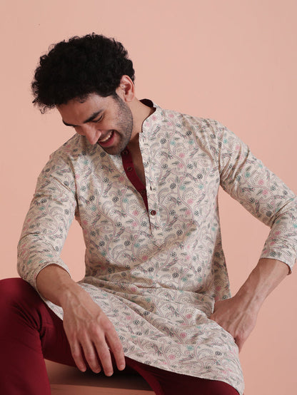 Beige Printed Cotton Kurta with Multicolor Kantha-Inspired Motifs for Festive Wear