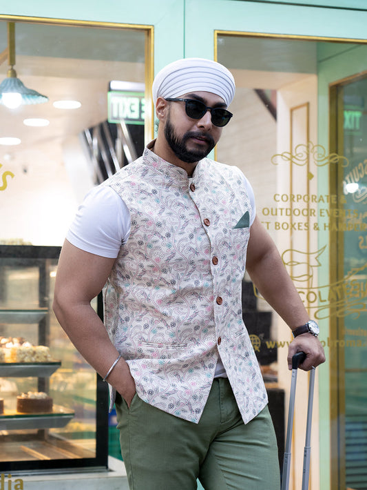 Beige Printed Nehru Jacket