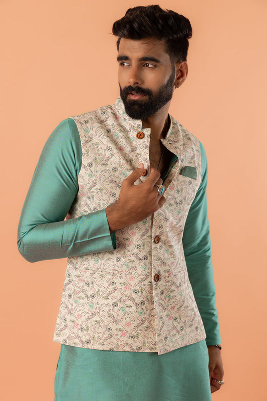 Beige Printed Nehru Jacket