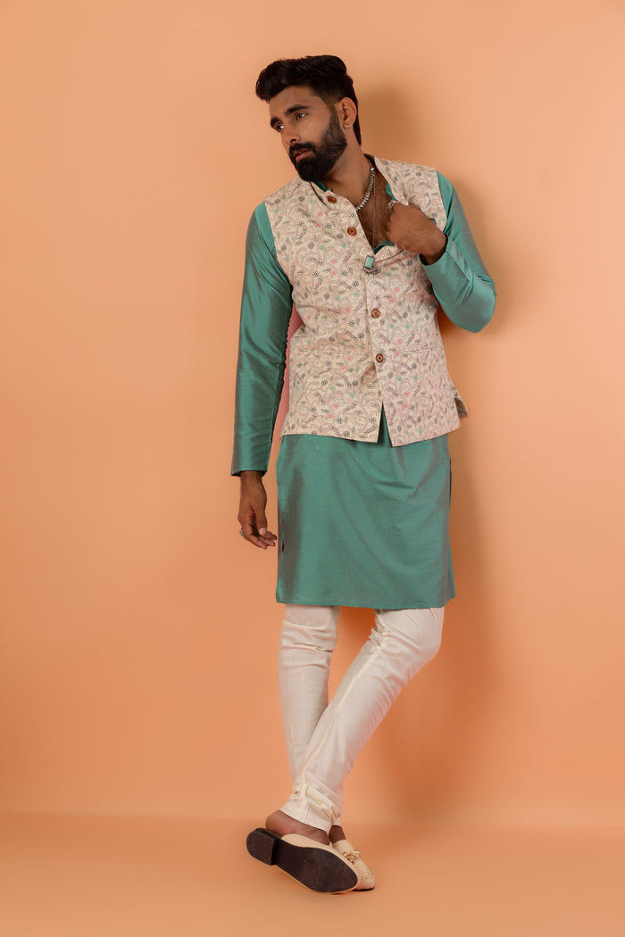 Beige Printed Nehru Jacket