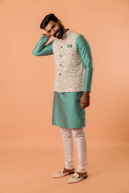 Beige Printed Nehru Jacket