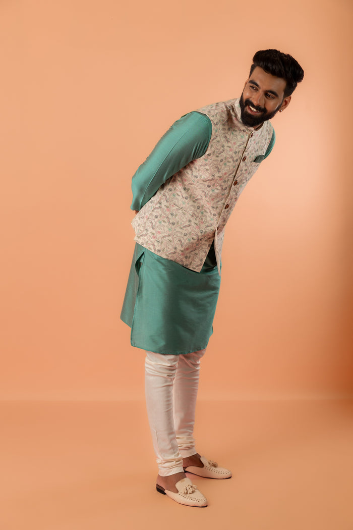 Beige Printed Nehru Jacket