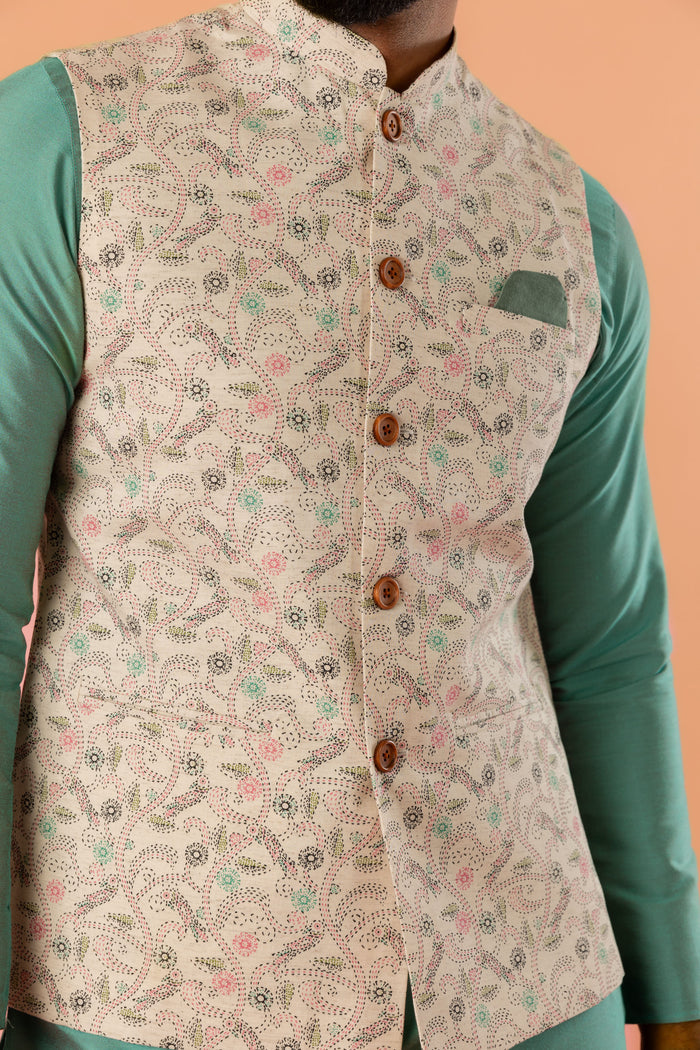Beige Printed Nehru Jacket