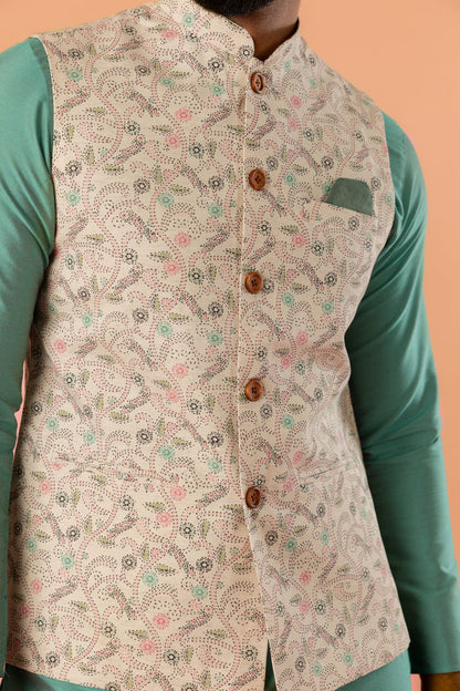 Beige Printed Nehru Jacket