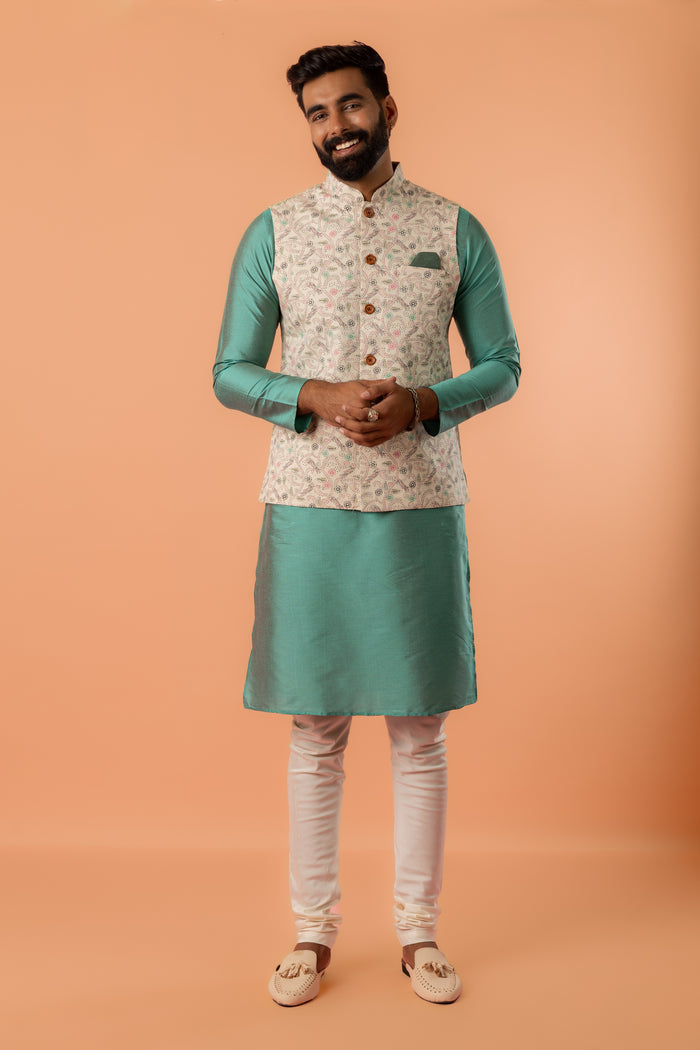 Beige Printed Nehru Jacket