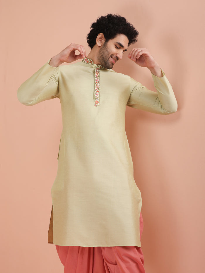 Beige Silk Blend Embroidered Long Kurta
