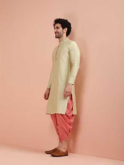 Beige Silk Blend Embroidered Long Kurta