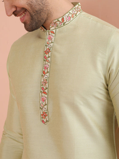 Beige Silk Blend Embroidered Long Kurta
