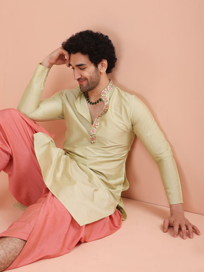 Beige Silk Blend Embroidered Long Kurta