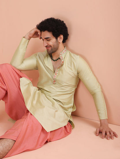Beige Silk Blend Embroidered Long Kurta