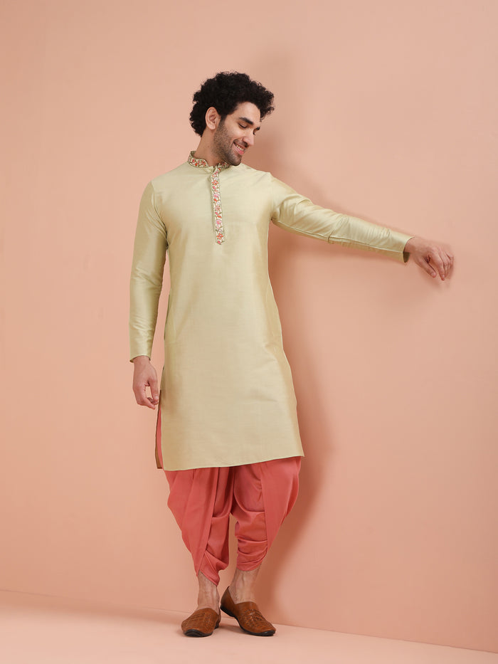 Beige Silk Blend Embroidered Long Kurta