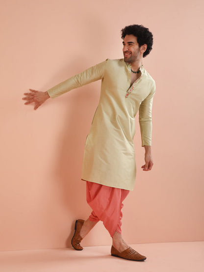 Beige Silk Blend Embroidered Long Kurta