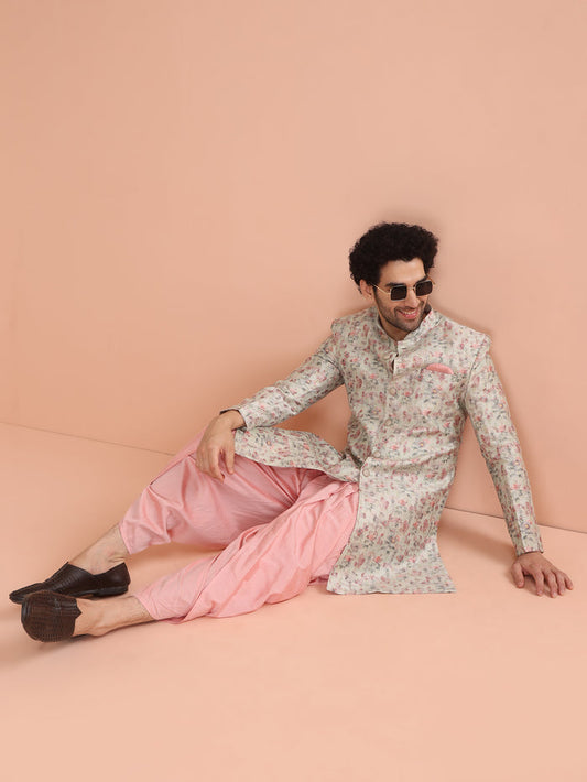 Beige Silk Blend Floral Achkan Sherwani with Pink Dhoti