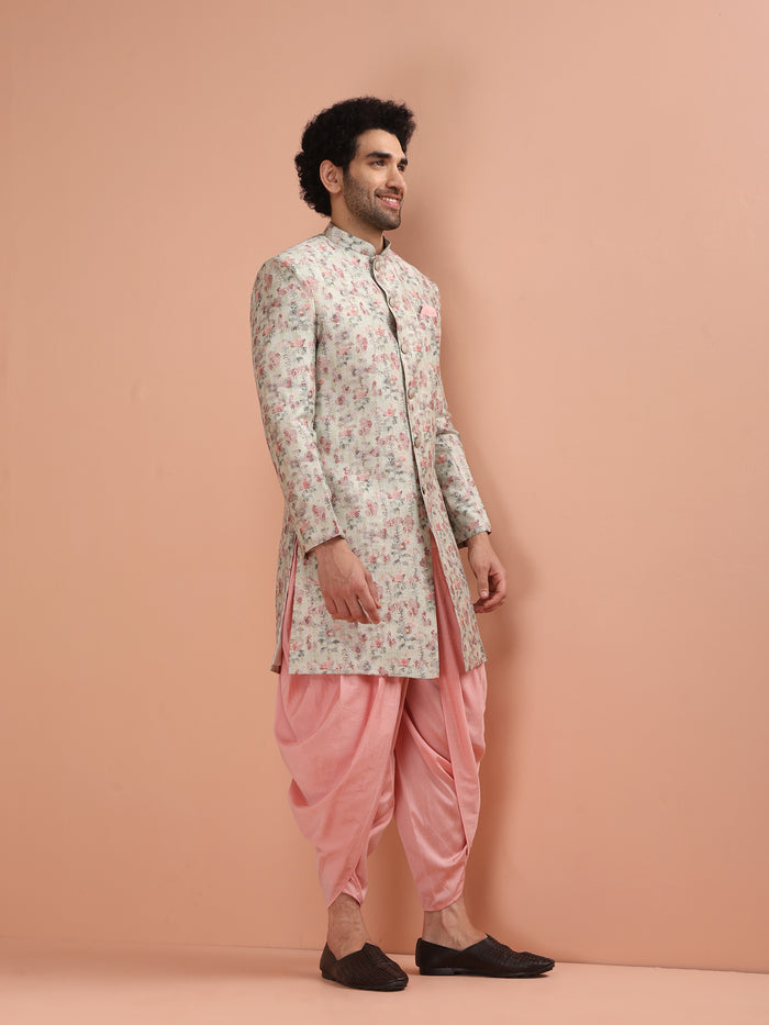 Beige Silk Blend Floral Achkan Sherwani with Pink Dhoti