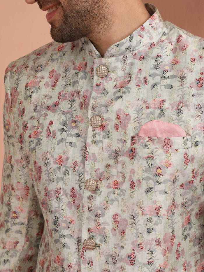 Beige Silk Blend Floral Achkan Sherwani with Pink Dhoti