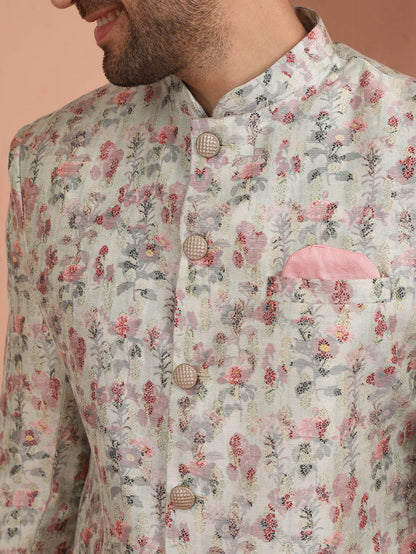 Beige Silk Blend Floral Achkan Sherwani with Pink Dhoti