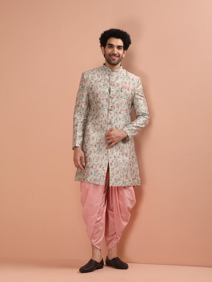 Beige Silk Blend Floral Achkan Sherwani with Pink Dhoti