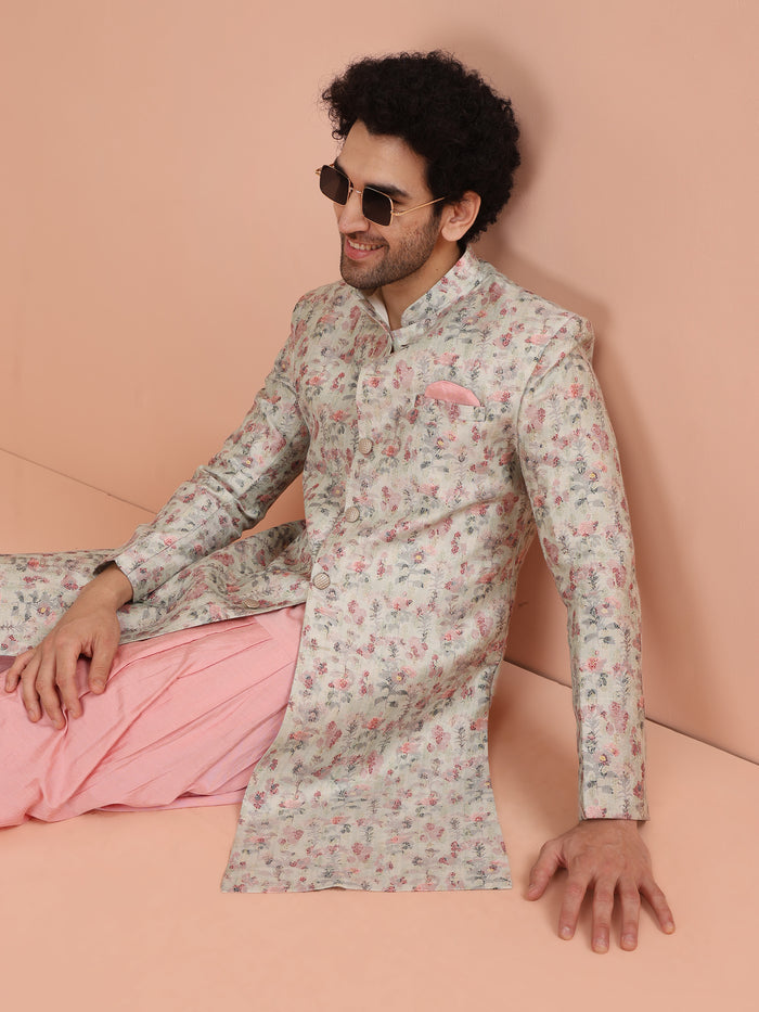 Beige Silk Blend Floral Achkan Sherwani with Pink Dhoti
