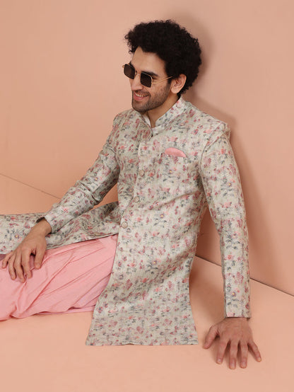 Beige Silk Blend Floral Achkan Sherwani with Pink Dhoti