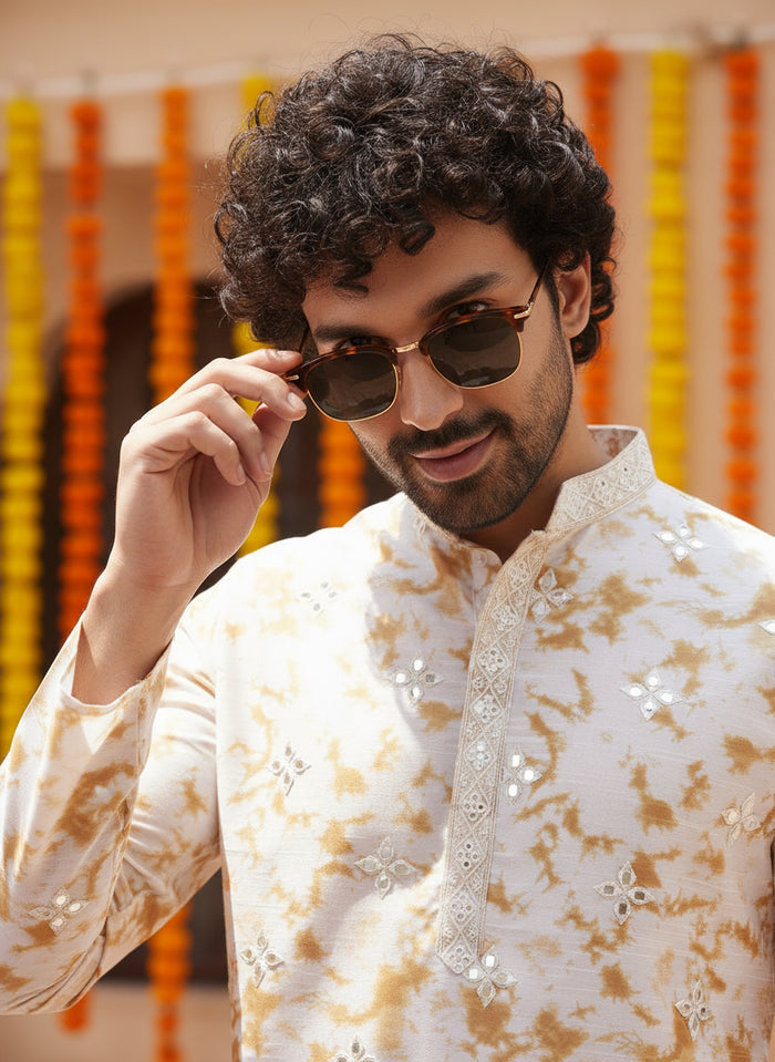 Beige Silk Blend Mirror Work Kurta