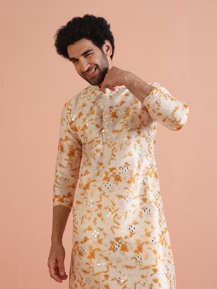 Beige Silk Blend Mirror Work Kurta