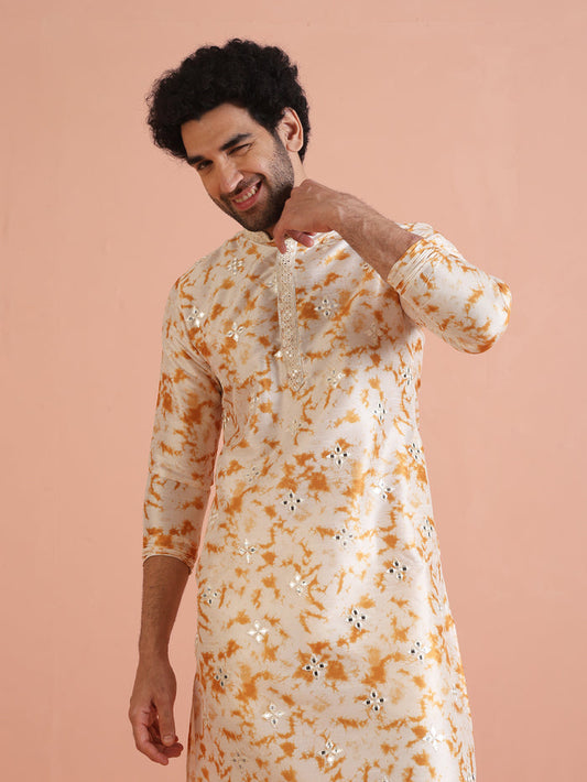 Beige Silk Blend Mirror Work Kurta