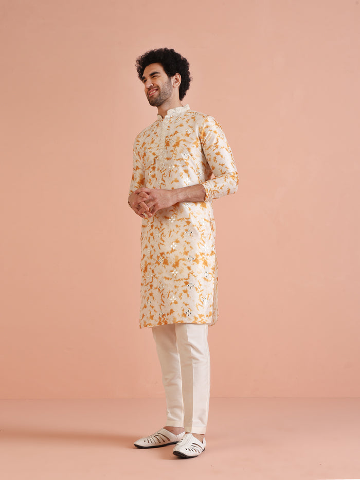 Beige Silk Blend Mirror Work Kurta