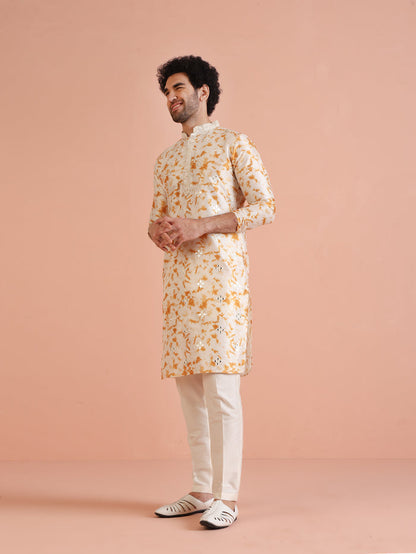 Beige Silk Blend Mirror Work Kurta