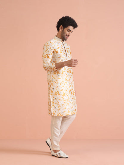 Beige Silk Blend Mirror Work Kurta