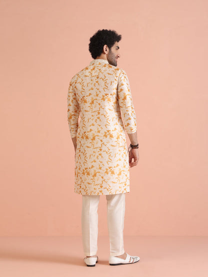 Beige Silk Blend Mirror Work Kurta