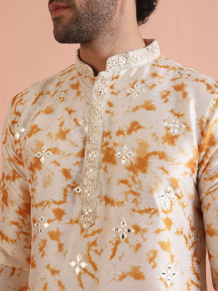 Beige Silk Blend Mirror Work Kurta