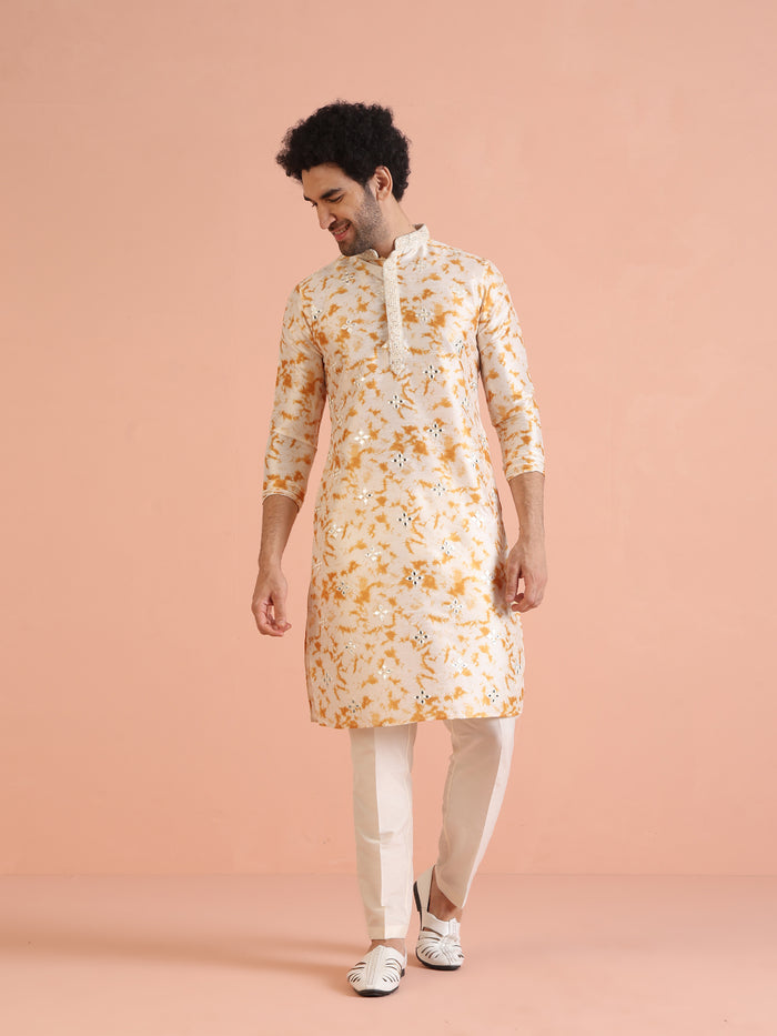 Beige Silk Blend Mirror Work Kurta