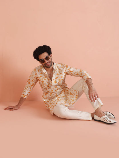 Beige Silk Blend Mirror Work Kurta