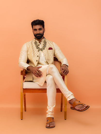 Beige Silk Blend Woven Jacket Kurta Churidar Set
