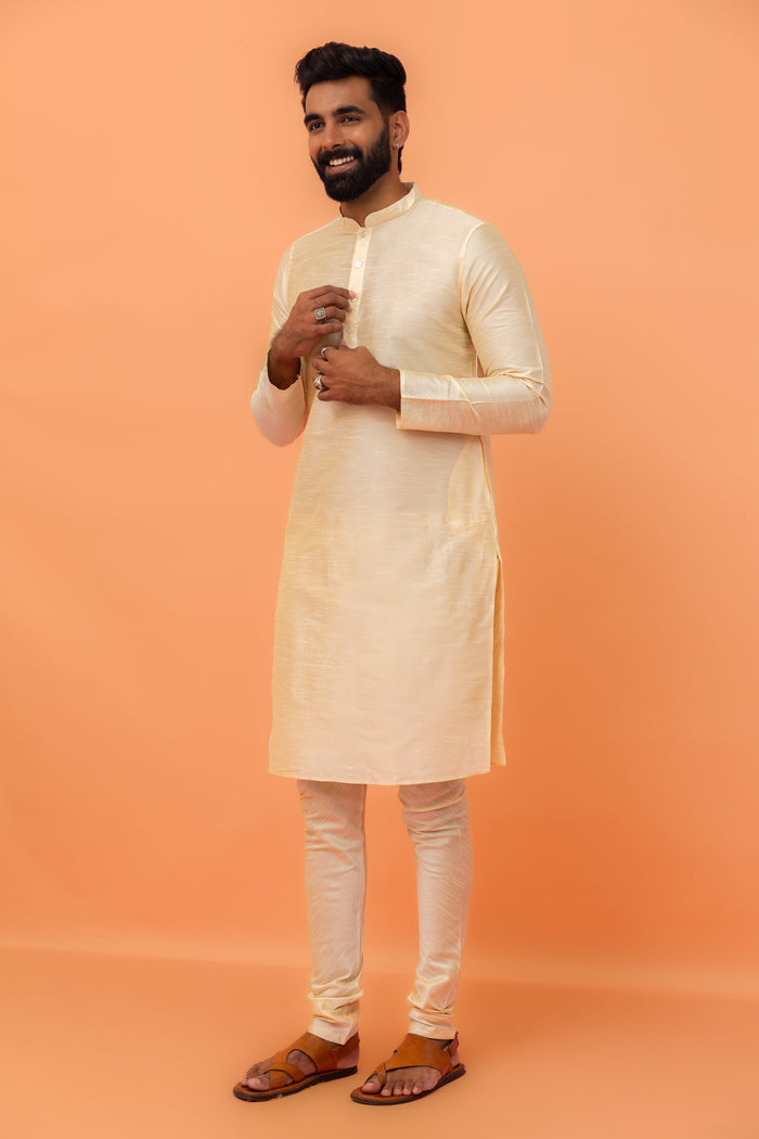 Beige Silk Blend Woven Jacket Kurta Churidar Set