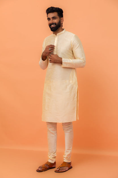 Beige Silk Blend Woven Jacket Kurta Churidar Set