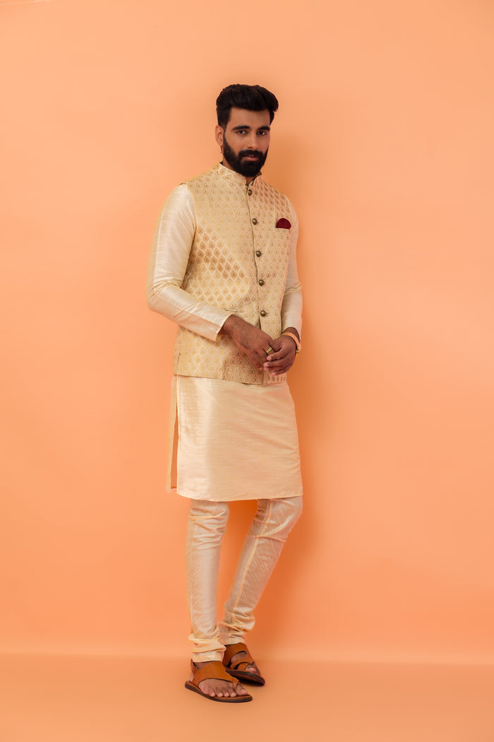 Beige Silk Blend Woven Jacket Kurta Churidar Set