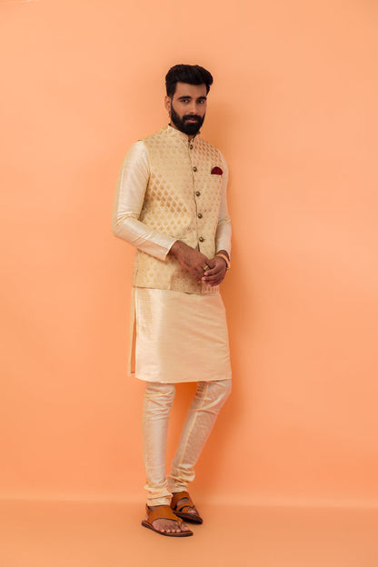 Beige Silk Blend Woven Jacket Kurta Churidar Set