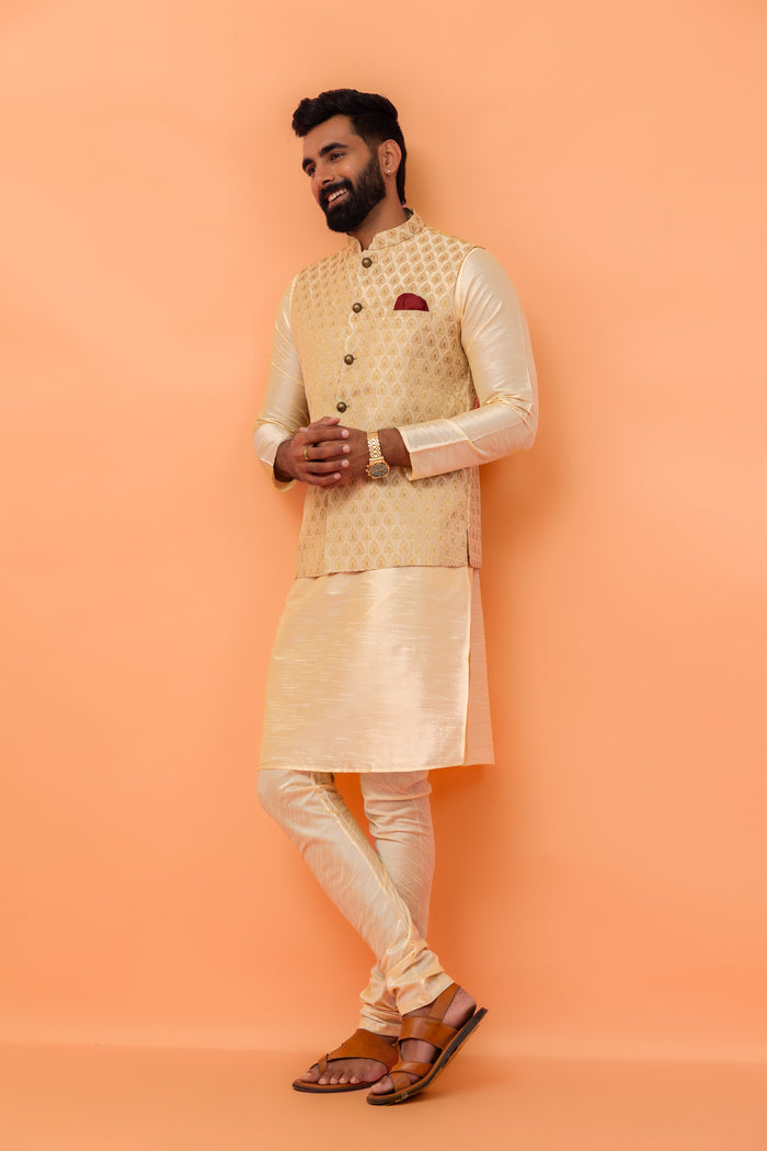 Beige Silk Blend Woven Jacket Kurta Churidar Set