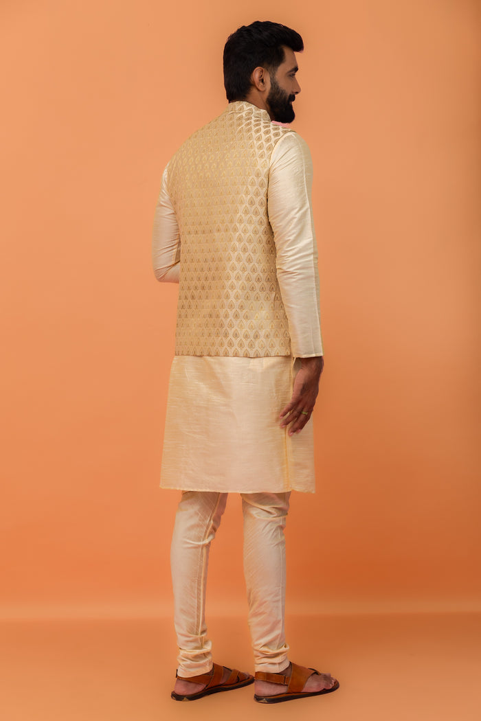 Beige Silk Blend Woven Jacket Kurta Churidar Set