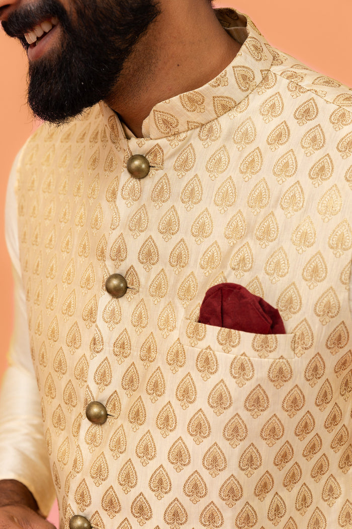 Beige Silk Blend Woven Jacket Kurta Churidar Set